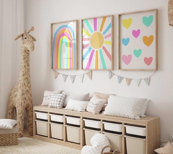 Kit 3 Quadros Decorativo Boho Coração Sol Arco-iris A3 B