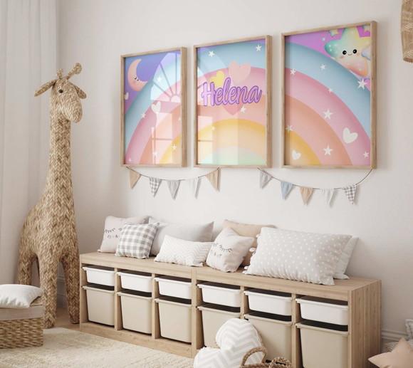 Kit 3 Quadros Boho Arco-iris Coração Infantil Nome A3 B
