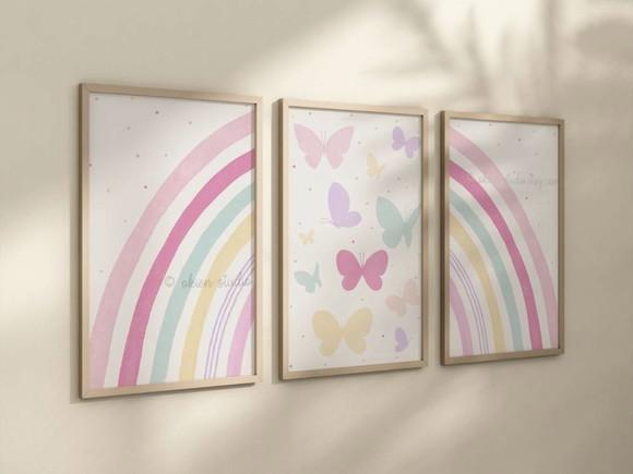 Kit 3 Quadros Boho Arco-iris Borboleta Infantil Decora