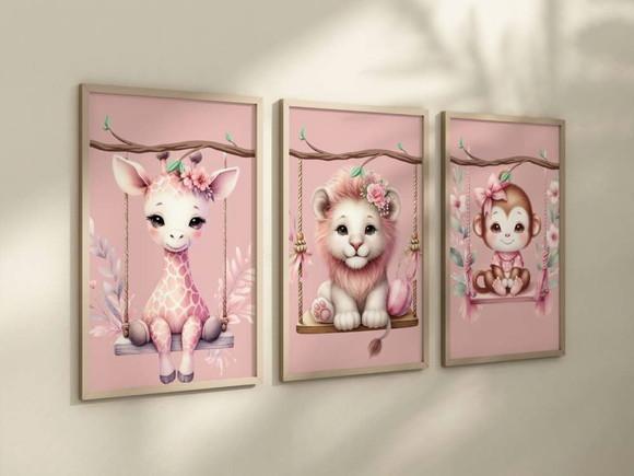 Kit 3 Quadros Decorativos Moldura Safari Animais Menina B