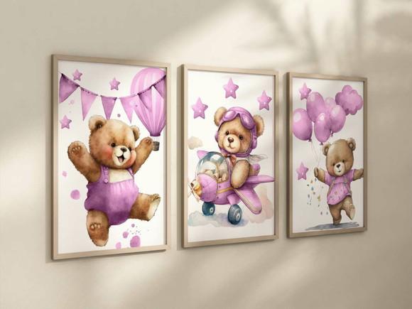 Kit 3 Quadros Decorativos Moldura Ursinha Pelúcia Menina