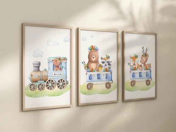 Kit 3 Quadros Decorativos Moldura Safari Animais Trenzinho
