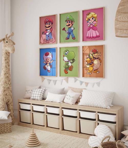 Kit 6 Quadros Decorativos Moldura Mario Personagens A3 B