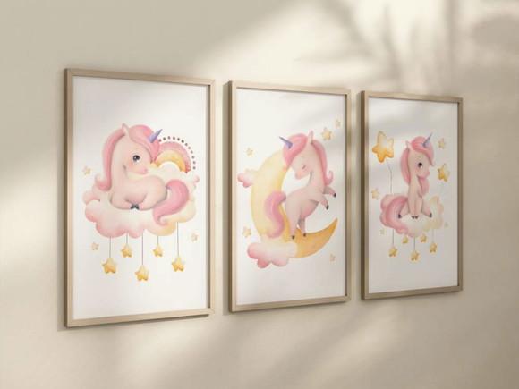 Kit 3 Quadros Decorativos Moldura Unicórnio Infantil Decorar
