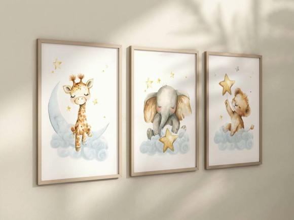 Kit 3 Quadros Decorativos Moldura Bebe Safari Dormindo Feliz