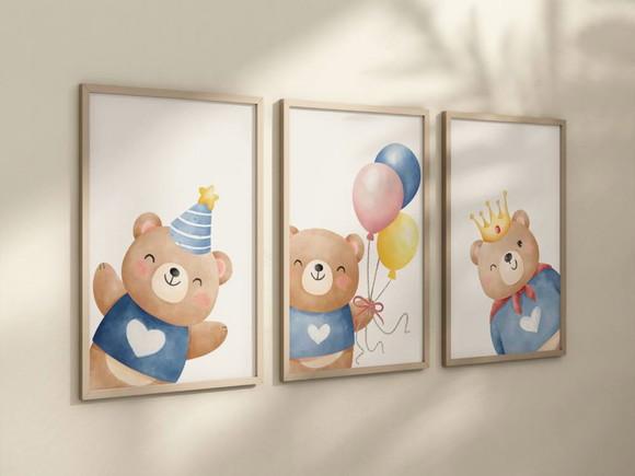 Kit 3 Quadros Decorativo Moldura Ursinhos Fofo Menino