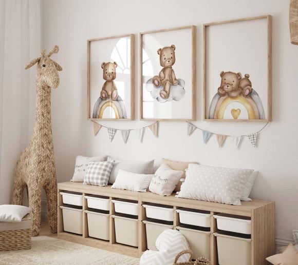 Kit 3 Quadros Decorativos Moldura Ursinho Pelúcia Berçárioa3