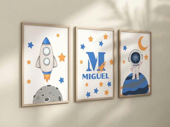 Kit 3 Quadros Decorativo Moldura Astronauta a Nome 24x34