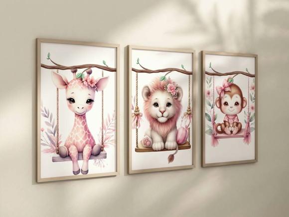 Kit 3 Quadros Decorativos Moldura Safari Animais Menina