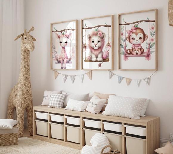 Kit 3 Quadros Decorativos Moldura Safari Animais Menina A3