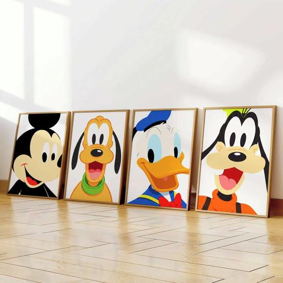 Kit 4 Quadros Decorativos Moldura Mickey Pluto Donald Pateta