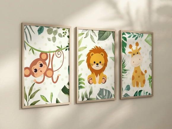 Kit 3 Quadros Decorativos Moldura Bebe Safari Animal Feliz G