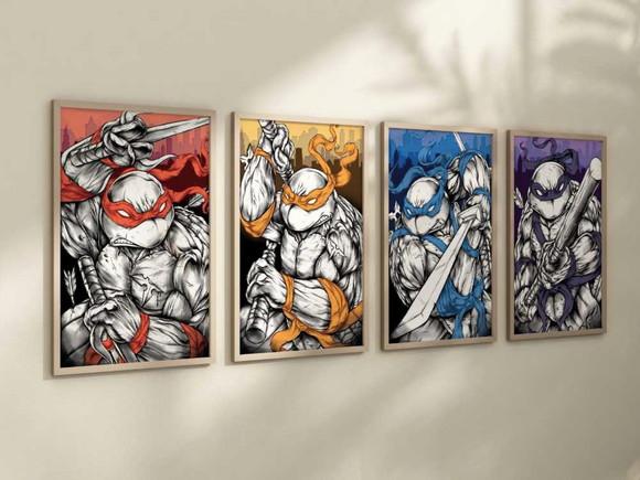 Kit 4 Quadros Decorativo Moldura Tartaruga Ninjas Decorar B