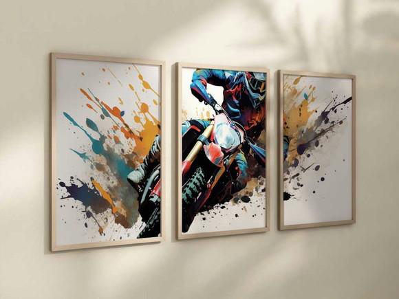 Kit 3 Quadros Decorativos Moldura Motocross Radical c
