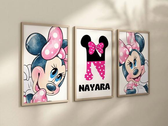 Kit 3 Quadros Decorativos Moldura Minnie Personalizado