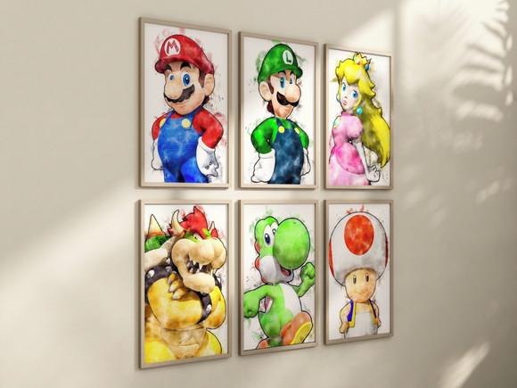 Kit 6 Quadros Decorativos Moldura Mario Personagens Arte G