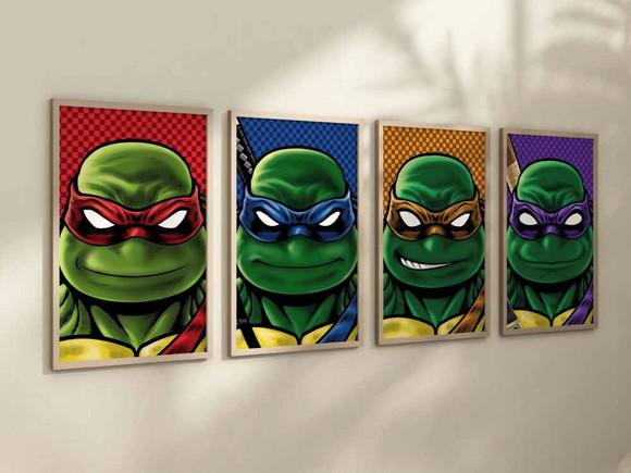 Kit 4 Quadros Decorativo Moldura Tartaruga Ninjas Decorar