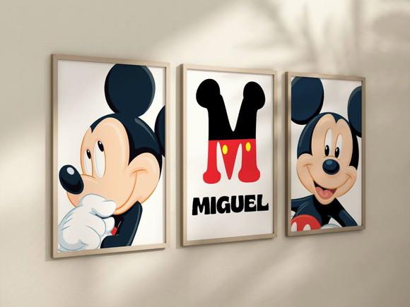 Kit 3 Quadros Decorativos Moldura Mickey Personalizado Nome