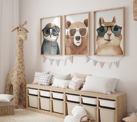 Kit 3 Quadros Decorativo Coruja Urso Esquilo Berçário A3