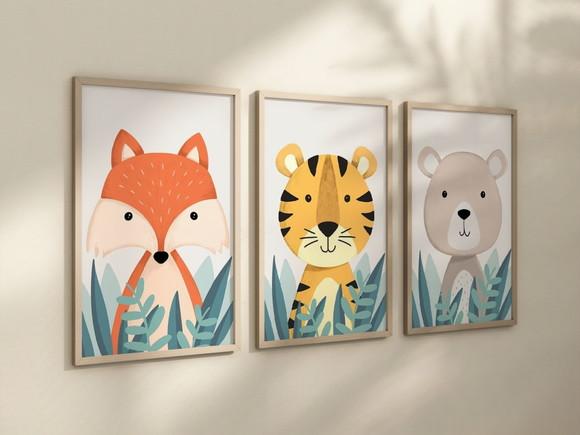 Kit 3 Quadros Decorativos Moldura Bebe Safari Animal Feliz