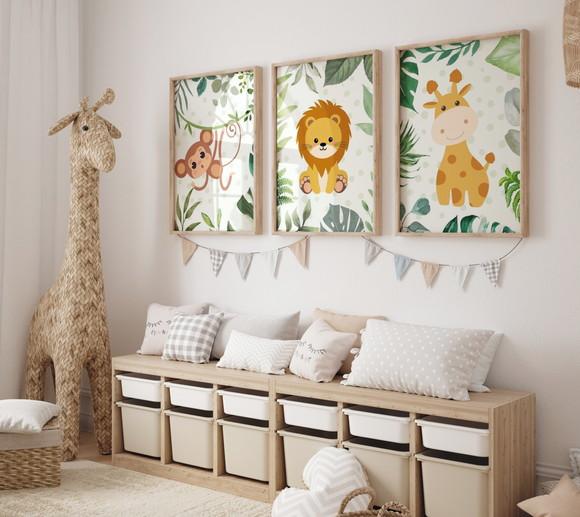 Kit 3 Quadros Decorativos Moldura Bebe Safari Animal A3 c