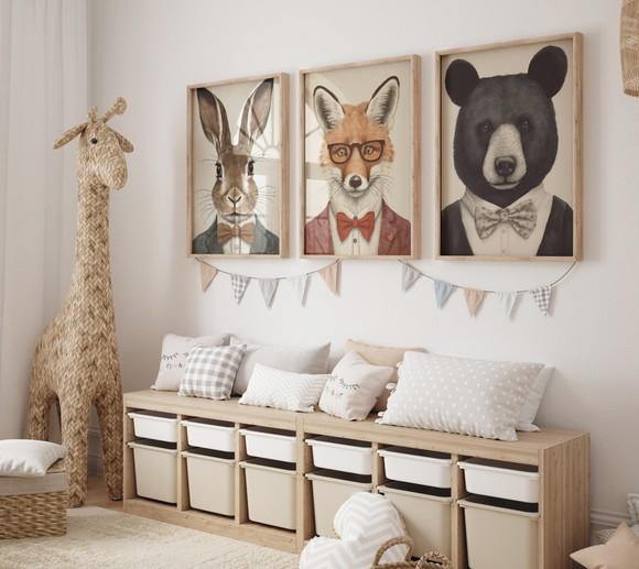 Kit 3 Quadros Decorativo Animais Gravata Decoração A3