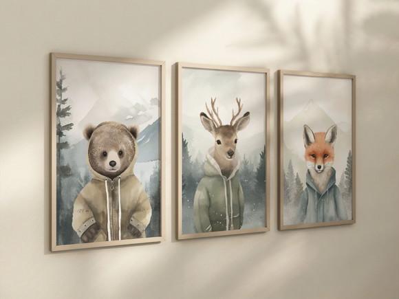 Kit 3 Quadros Decorativos Moldura Safari Animais