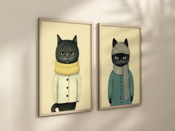 Kit 2 Quadros Decorativos Moldura Gato Decorar
