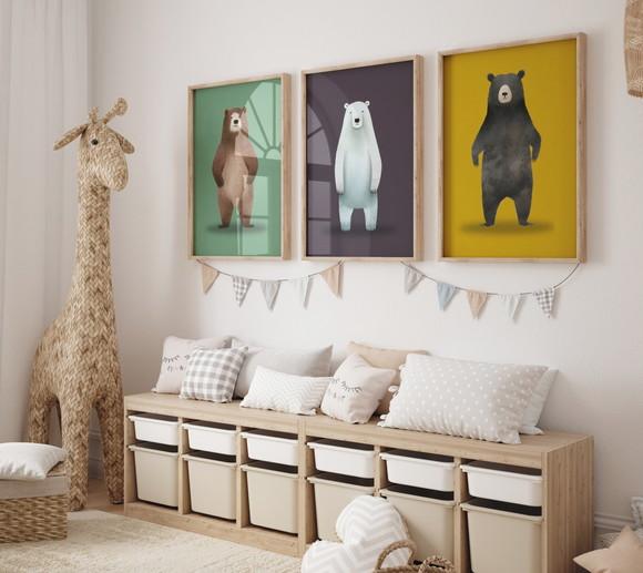Kit 3 Quadros Decorativo Urso Berçário A3