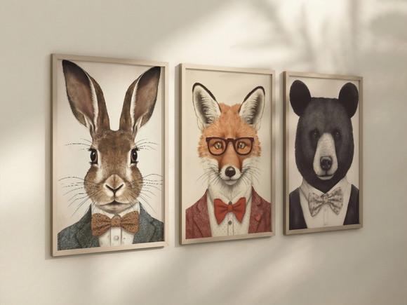 Kit 3 Quadros Decorativo Animais Gravata Decoração