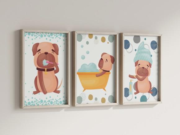 Kit 3 Quadros Decorativo Moldura Cachorro Banheiro B