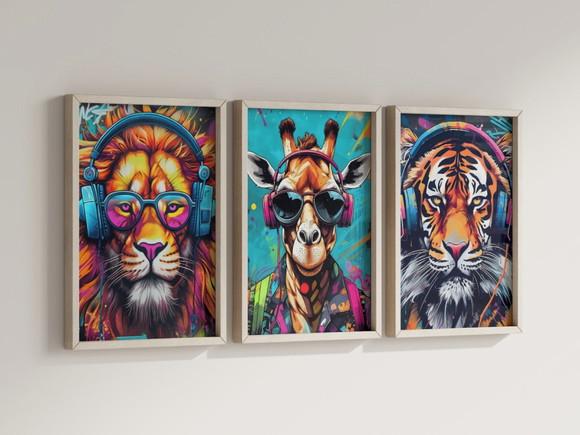 Kit 3 Quadros Decorativos Moldura Animais Arte Grafite