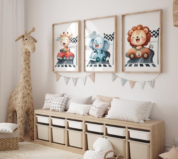 Kit 3 Quadros Decorativos Moldura Bebe Safari Carrinho A3