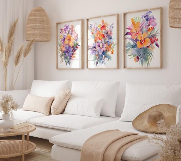 Kit 3 Quadros Decorativo Moldura Flores em Aquarela A3 e