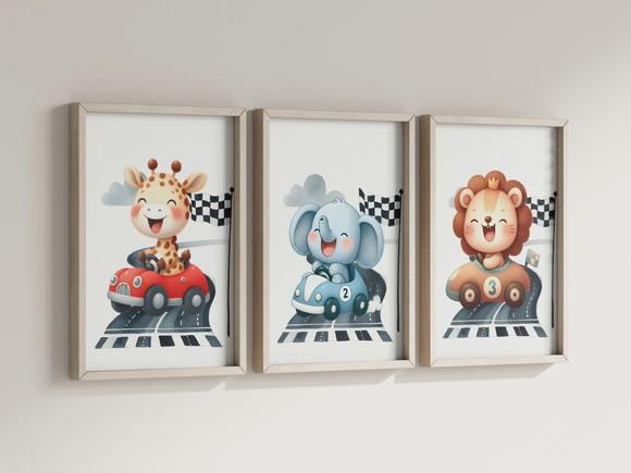 Kit 3 Quadros Decorativos Moldura Bebe Safari Carrinho