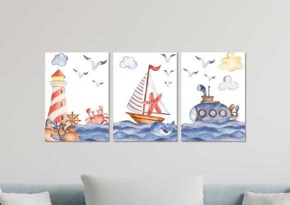 Kit 3 Placas Decorativas Quadro Mar Barco Submarino Infantil