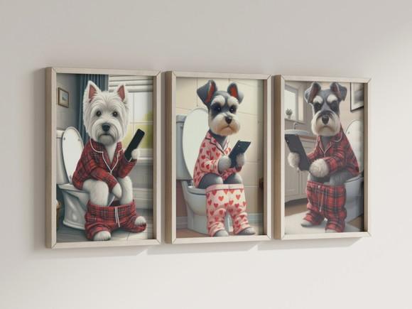 Kit 3 Quadros Decorativo Moldura Cachorro Banheiro c