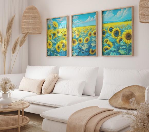 Kit 3 Quadros Moldura Flores Girasol Sala Quarto A3
