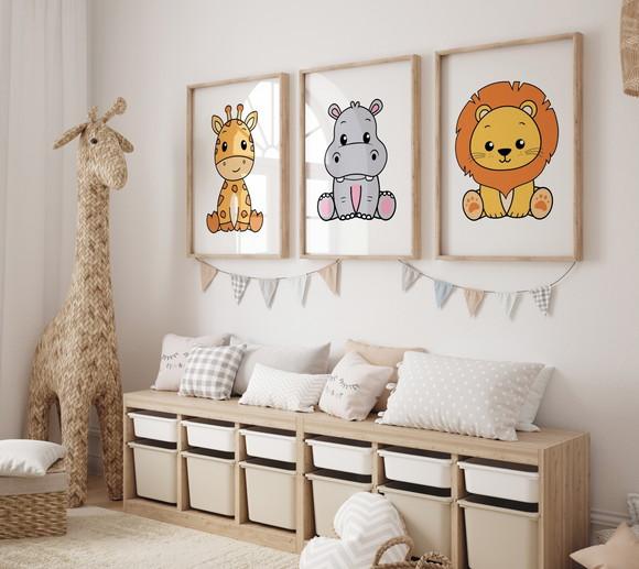 Kit 3 Quadros Decorativos Moldura Safari Infantil A3 B