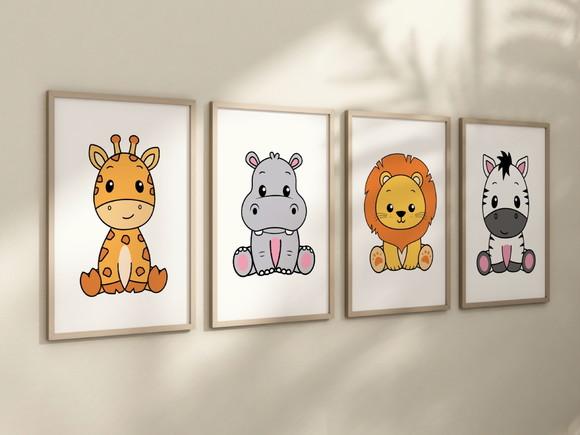 Kit 4 Quadros Decorativos Moldura Safari Infantil