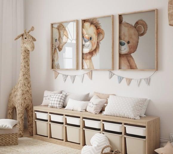 Kit 3 Quadros Decorativos Moldura Elefante Leão Ursinho A3