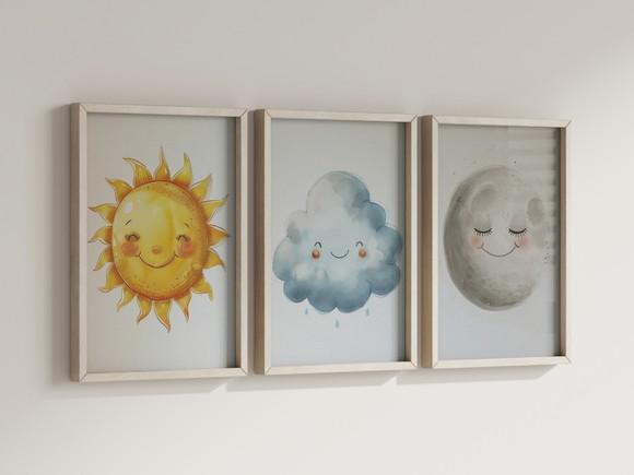 Kit 3 Quadros Decorativos Moldura Sol Nuvem Lua