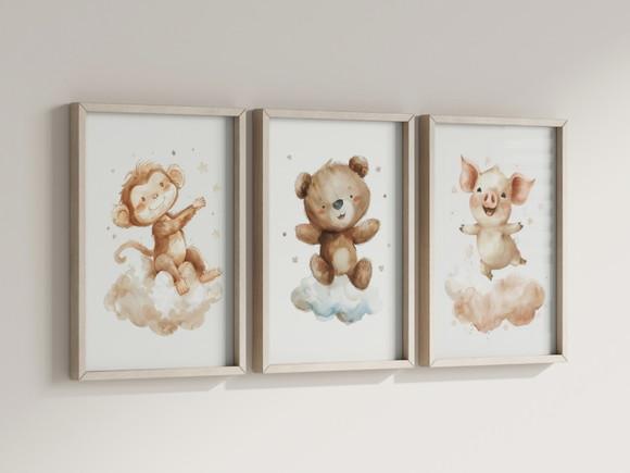 Kit 3 Quadros Decorativo Moldura Macaco Urso Porco