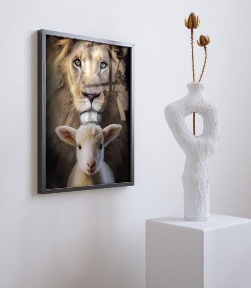 Quadro Decorativo com Moldura Leão e Ovelha Bom Pastor A3