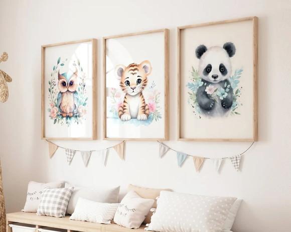 Kit 3 Quadros Decorativo Moldura Coruja Onça Panda Fofo A3