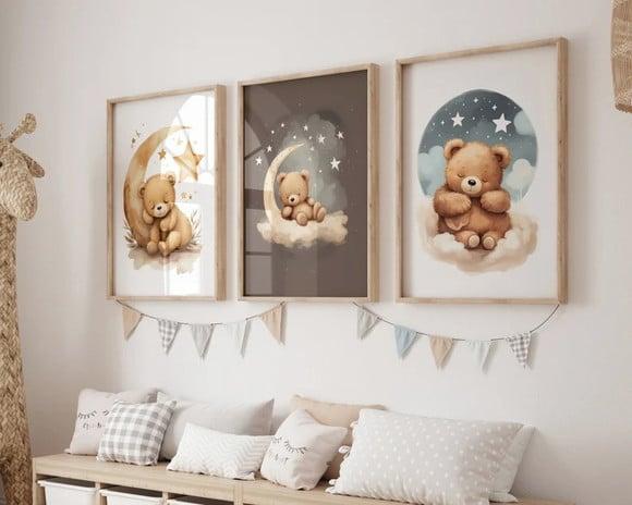 Kit 3 Quadros Decorativo Moldura Ursinhos Fofo Dormindo A3 B