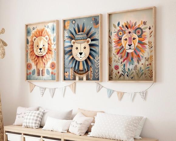 Kit 3 Quadros Decorativo Moldura Leão Fofo Maternidade A3
