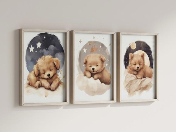 Kit 3 Quadros Decorativo Moldura Cachorro Fofo Dormindo