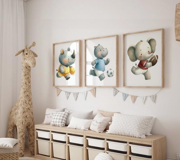 Kit 3 Quadros Decorativos Moldura Bebe Safari Animal Bola A3