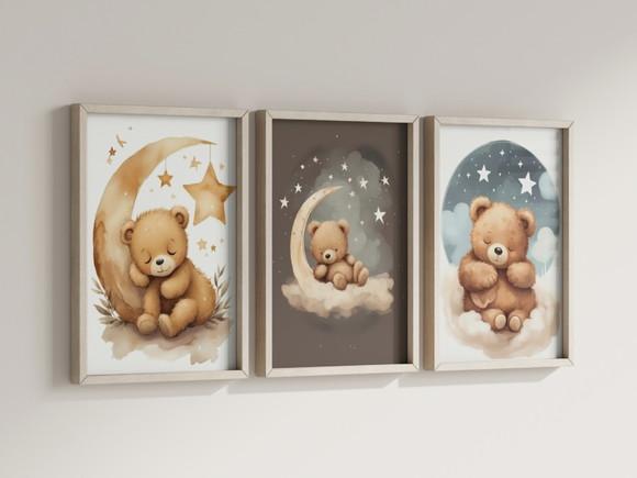 Kit 3 Quadros Decorativo Moldura Ursinhos Fofo Dormindo B